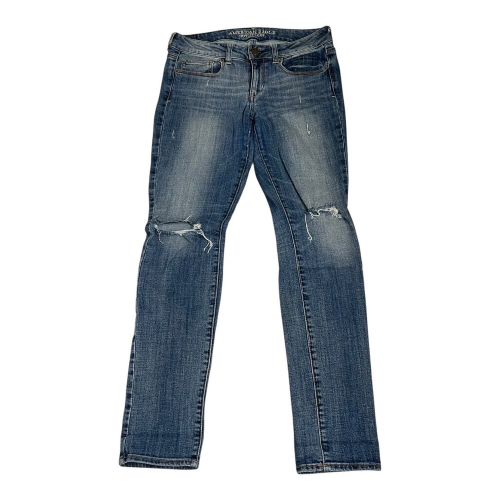 American Eagle Jeans Women's 8 Blue Skinny Stretch Distressed Mid Rise Denim
